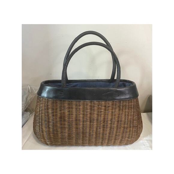 Vintage MAXX NEW YORK Wicker Purse Black Leather Trim Handle Cottage - Picture 3 of 10